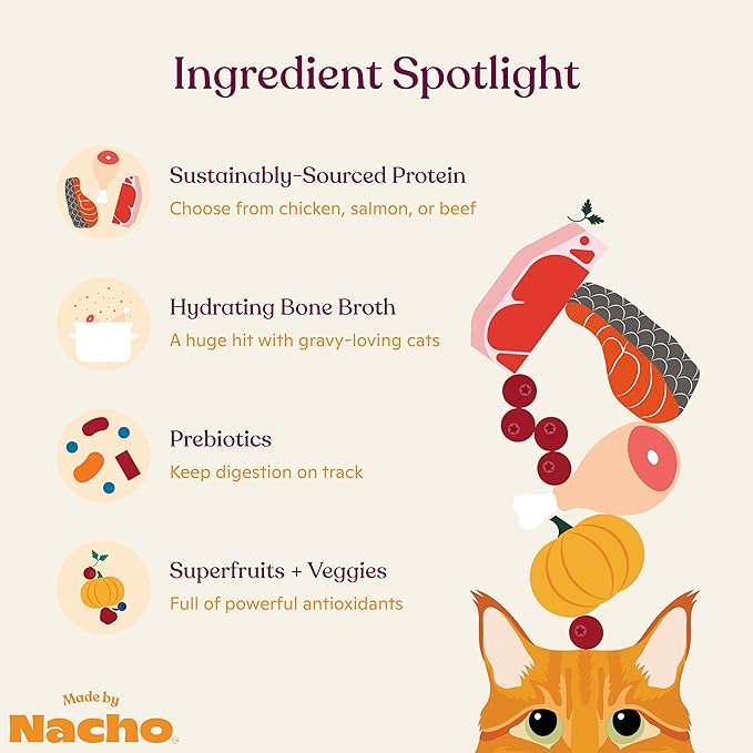 Made by Nacho Wet Cat Food Variety 12 Pack (3oz Each), Cage-Free Chicken, Sustainably Caught Salmon, Grass-Fed Beef with Bone Broth for Extra Hydration, Gravy Cut Pouches