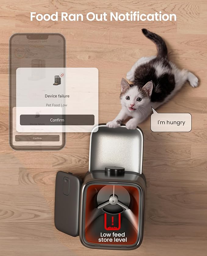 oneisall Automatic Cat Feeder, WiFi Rechargeable Cordless Pet Feeder, 100 Day Battery Operated Pet Feeder, 3L Timed Cat Food Dispenser for Large Kibble, Smart App Control, Black