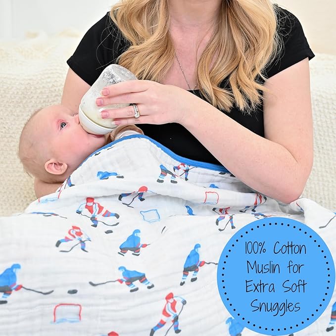 LollyBanks Muslin Baby Blanket 100% Cotton, Muslin Quilt Lightweight, 6 Layers Baby Blankets 47"x 47", Muslin Blanket for Boys, Nursery Receiving Blankets Baby Essentials, Registry (Ice Hockey Print)
