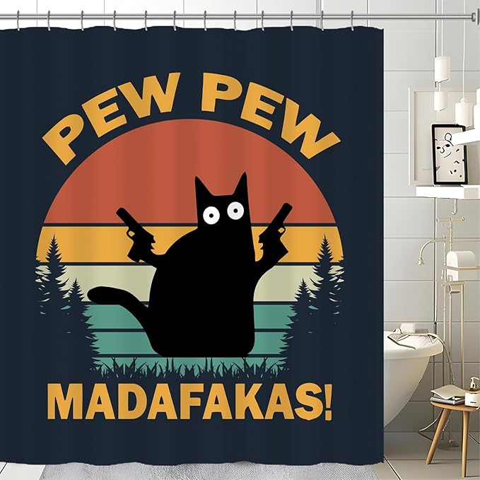 Funny Cat Shower Curtains, Pew Pew Madafakas Shower Curtain, Crazy Cat with Guns 72 x 72 Inch Waterproof Shower Curtains with Metal Hooks for Bathroom Decor