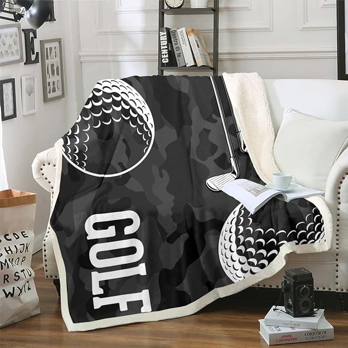 Golf Print Sherpa Camo Blanket - Kids Boys Teens Camouflage Throw Blanket, Golf Balls Gaming Plush Throw for Chair, Sports Themed Fleece Blanket