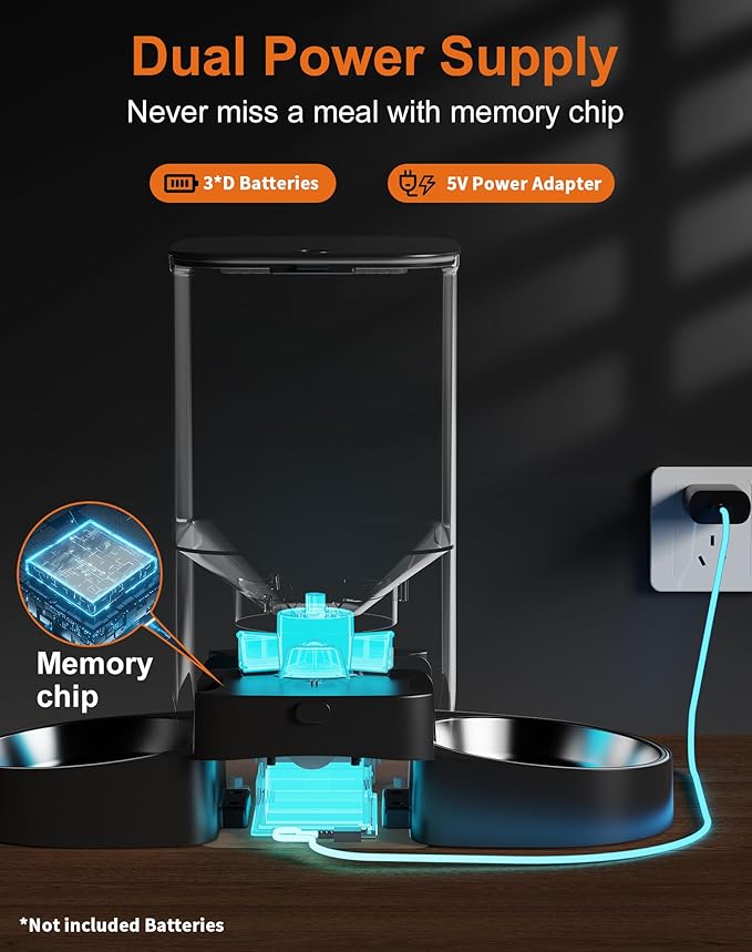 HoneyGuaridan 5L Automatic Cat Feeder for Two Cats, 2.4G WiFi Enabled Smart Feed Pet Feeder with Stainless Steel Bowl,APP Control Dispenser, Dual Power Supply,Desiccant Bag,10s Meal Call