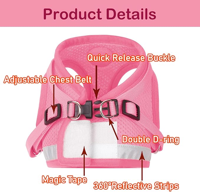 Cat Harnesses and Puppy Harness with Leashes Set, Escape Proof Cat Harness, Adjustable Reflective Soft Mesh Vest Fit Puppy Kitten Rabbit Ferrets's Outdoor Harness(pinkXL)