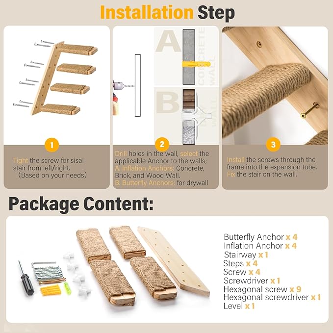 1 Pack 4 Steps Cat Wall Shelves Cat Wall Stairs with Sisal Rope.an Improved&Stronger Cat Wall Steps Cat Tree Supplies