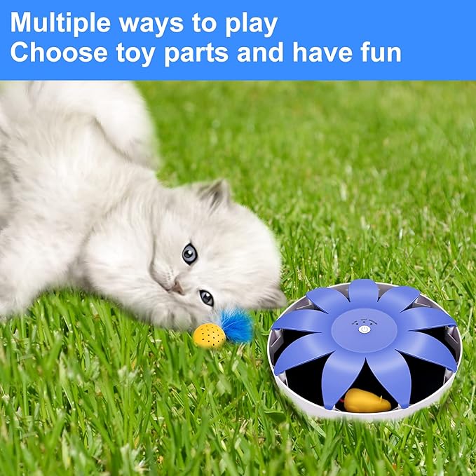 FluffyDream Automatic Electric Magnetic Spinning Cat Toys, Interactive, Rotation Cat Exercise Teaser Toy with Emulational Mouse, Fluffy Tails, Toys for Indoor Cats, Pets, 9.65” x 9.65” x 2.36”, Blue