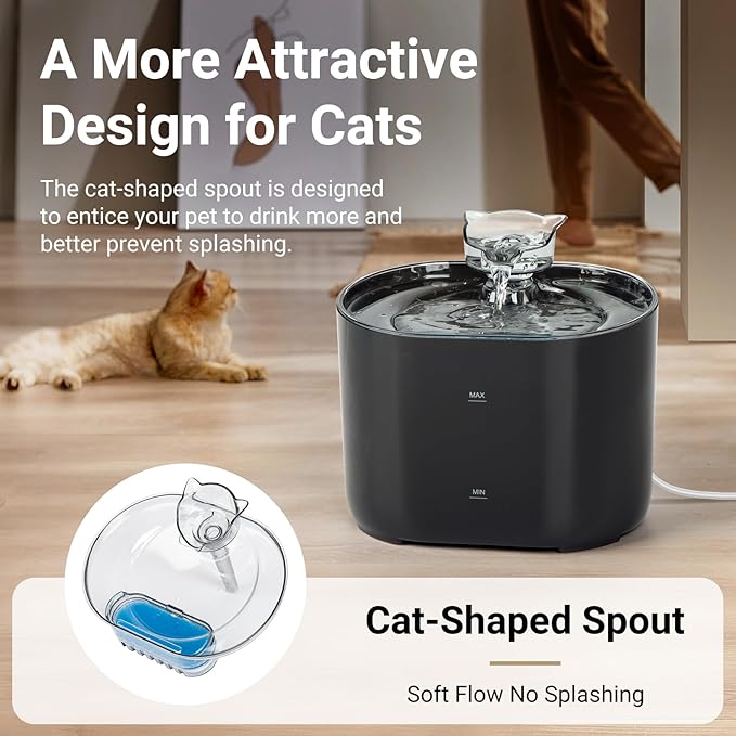 Meill Cat Water Fountain, 75Oz/2.2L Dog Water Bowl Dispenser with Filter Indoor for Small Pets, Automatic Shut-Off for Low Water Level, Water Level Visible, Ultra-Silent, 12 Filters, Black