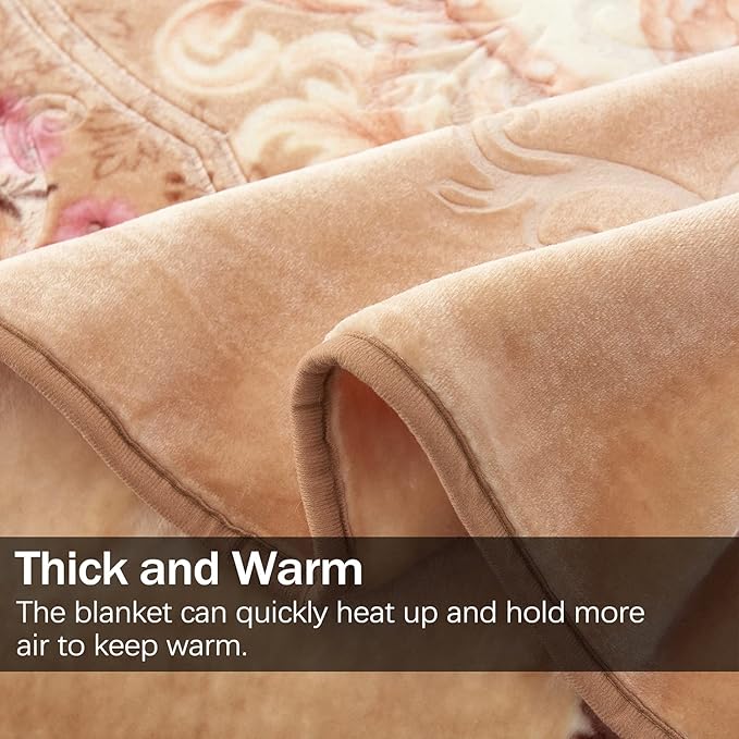 JML King Size Fleece Blanket, Korean Mink - 85 X 95 Inches, 9 Lbs, Soft and Warm, Thick Raschel Printed Mink Blanket for Autumn, Winter, Bed, Home (Printed - Khaki Floral)