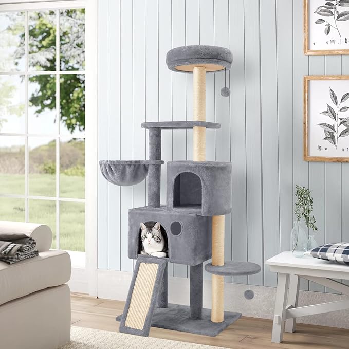 59" Large Cat Tree Tower for Indoor Cats Soft Plush Multi-Level Cat Condo House with Hammock, 2 Cat Cave, Scratching Post, Sisal Staircase, Grey