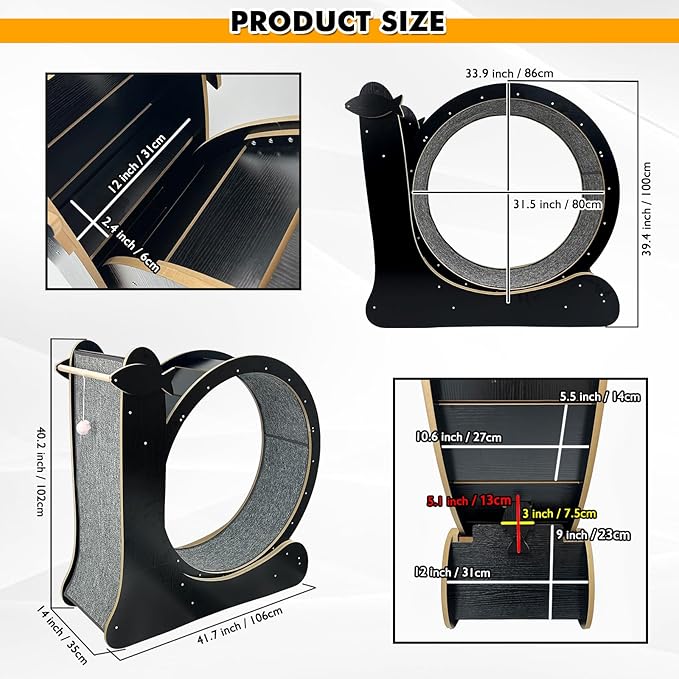 Upgraded 2 in 1 Cat Exercise Wheel,39.4" High Indoor Cat Running Wheel with Cat Scratcher, Cat Treadmill, TPE Silent Wheel, Wooden Cat Sport Exercise Wheel, Black