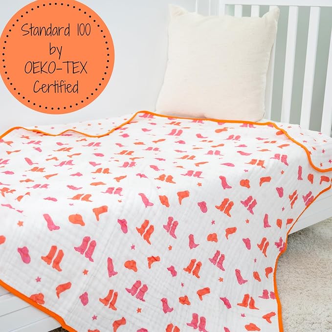 LollyBanks Muslin Baby Blanket 100% Cotton, Muslin Quilt Lightweight, Western Girl Muslin Blanket, 6 Layers Baby Blankets 47"x 47", Soft Nursery Receiving Blankets Baby Essentials (Pink Boot)