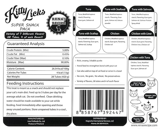 Rena's Recipe Kitty Licks (28 Tubes / 7 Flavors) Chicken - Chicken with Liver - Chicken with Tuna - Tuna - Tuna with Seafood - Tuna with Salmon - Tuna with Scallop
