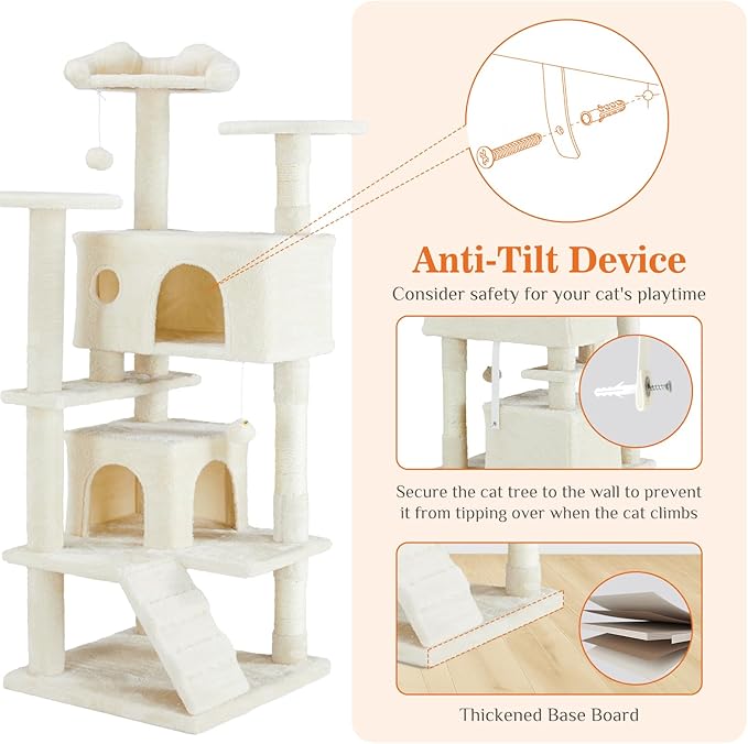 Sweetcrispy 54-Inch Cat Tree Tower – Multi-Level Cat Tower with Sisal Scratching Post, Perfect Cat Gift, Indoor Cat Tree with Condo, Climbing Ladder, Plush Toy, and More Cat Stuff,Beige