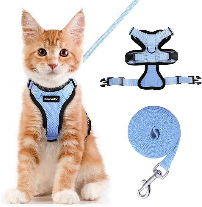 Dooradar Cat Harness and Leash Set, Escape Proof Safe Adjustable Kitten Vest Harnesses for Walking, Easy Control Soft Breathable Mesh Jacket with Reflective Strips for Cats,Light Blue, XS