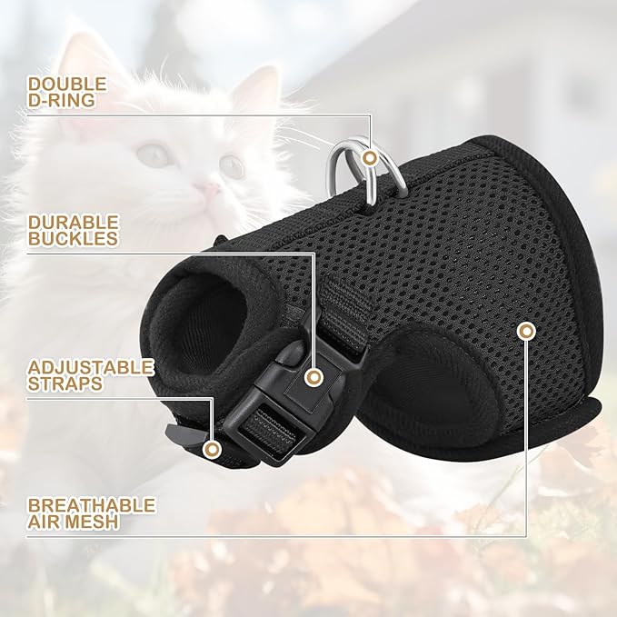 MoNiBloom Soft Cat Harness for Walking Escape Proof and Travel, Kitten Adjustable Breathable Vest Harness - Black, M