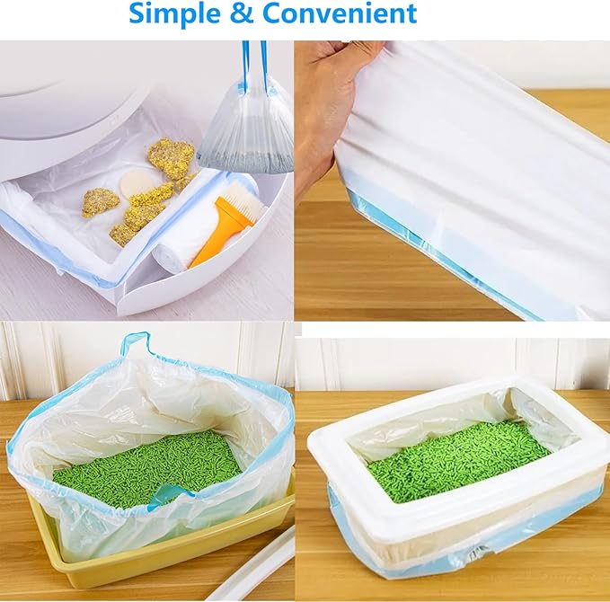 100 Count Cat Drawstring Litter Box Liners 26.6x16.7 inches 2Mils Super Thick White Cat Litter Waste Bags Poop Bags for the litter robot 4, 3 Cat Litter Pan Trays (Blue Drawstring 100 count)