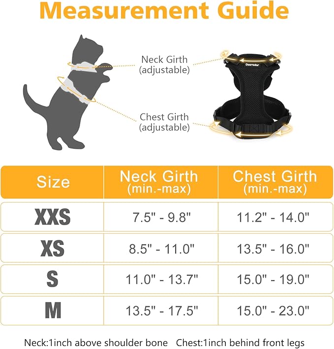 Dooradar Cat Harness and Leash Set, Escape Proof Safe Adjustable Kitten Vest Harnesses for Walking, Easy Control Soft Breathable Mesh Jacket with Reflective Strips for Cats, Black, XXS