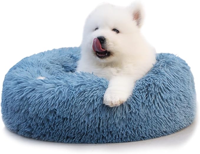 Comfy Calming Dogs Bed for Deep Sleep Small Puppy ,Puppy Bed with Fluffy Donut is for Anxiety Small Dogs,19" Round Soft Faux Fur Pet Bed for Small Dogs Under 15 lbs Machine Washable Blue