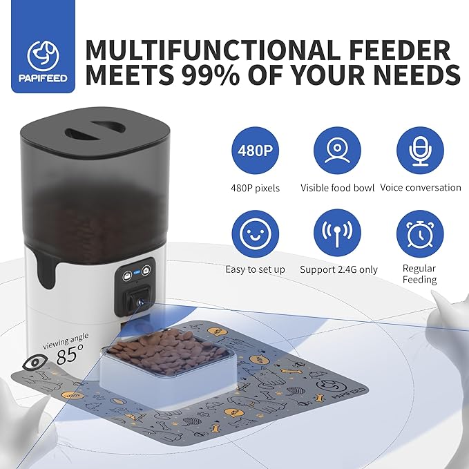 Automatic Cat Feeder with Camera, Adjustable Angle 2.4G WiFi/App Pet Food Dispenser, 6L Timed Dispenser with Two-Way Audio, Auto Pet Feeder with Mat for Cat & Dog, 1-10 Meals Per Day