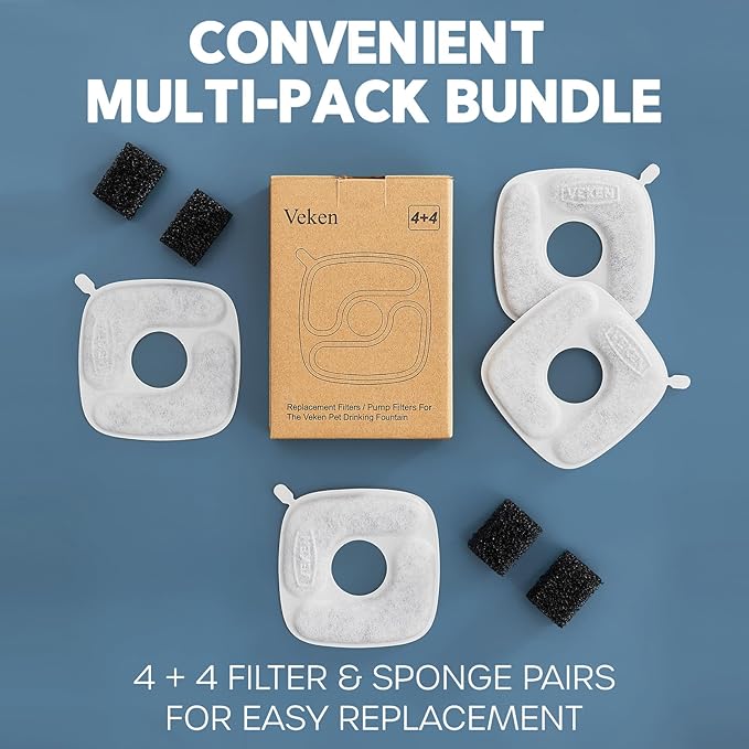 Veken Cat Water Fountain Filters, 4 Pack Replacement Filters & 4 Pack Replacement Pre-Filter Sponges Set for 67oz, 95oz, 135oz Automatic Pet Fountain Dog Water Dispenser