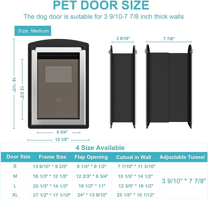 ClawJaw Doggy Door for Wall, Metal Frame and Telescopic Tunnel Pet Door, Double-Sided Wind Deflector and Magnetic Flaps, Easy to Install, Black (Pets Up to 50 Lb)-Medium