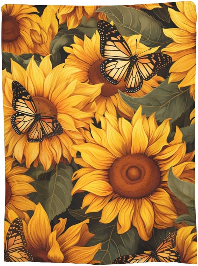 Sunflower Butterfly Blanket Gifts for Grils Women Floral Flannel Throw Blankets for Home Couch Bed Sofa Soft Fuzzy Lightweight Decor All Season 50x40 Inches