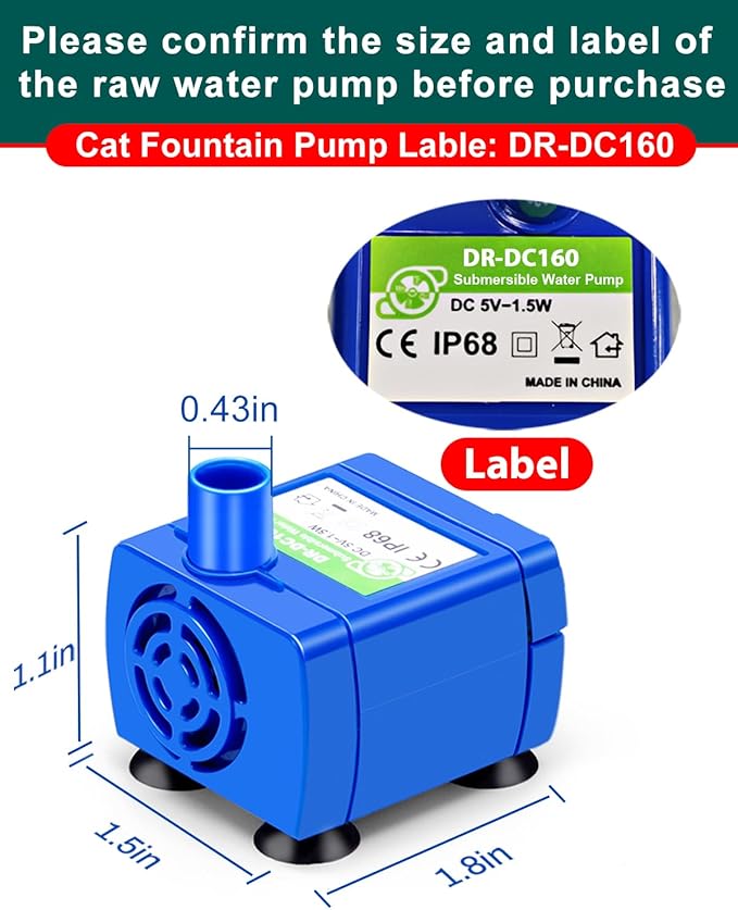 Cat Water Fountain Pump,Pet Fountain Pump No LED Light Replacement Pump DR-DC160 Motor for 360°Stainless Steel Cat Fountain and Cupcake Ceramic Cat Drinking Fountain(DR-DC160)
