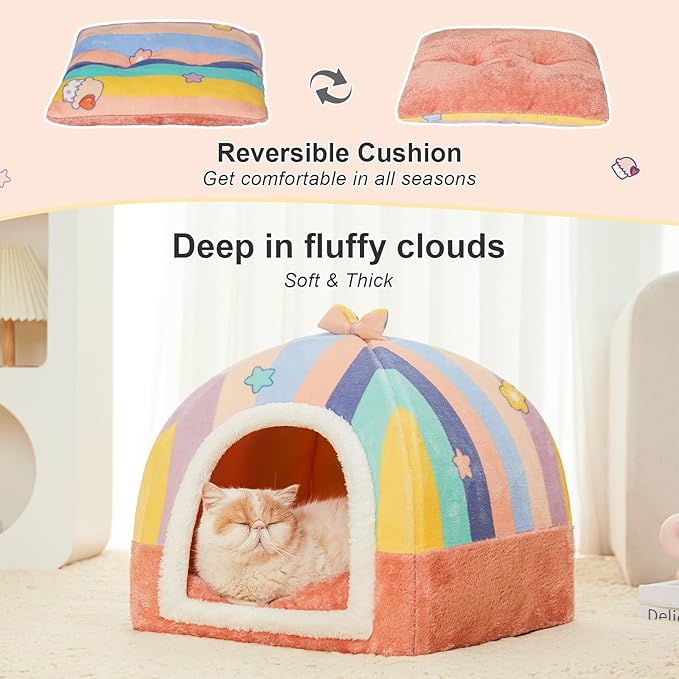 Jiupety Cute Cat House for Cats and Puppy, Cat Beds for Indoor, Cat Cave Bed with Removable Cushion, Cat Hideaway, 2-in-1 Pink Cat Bed, Medium, Rainbow.