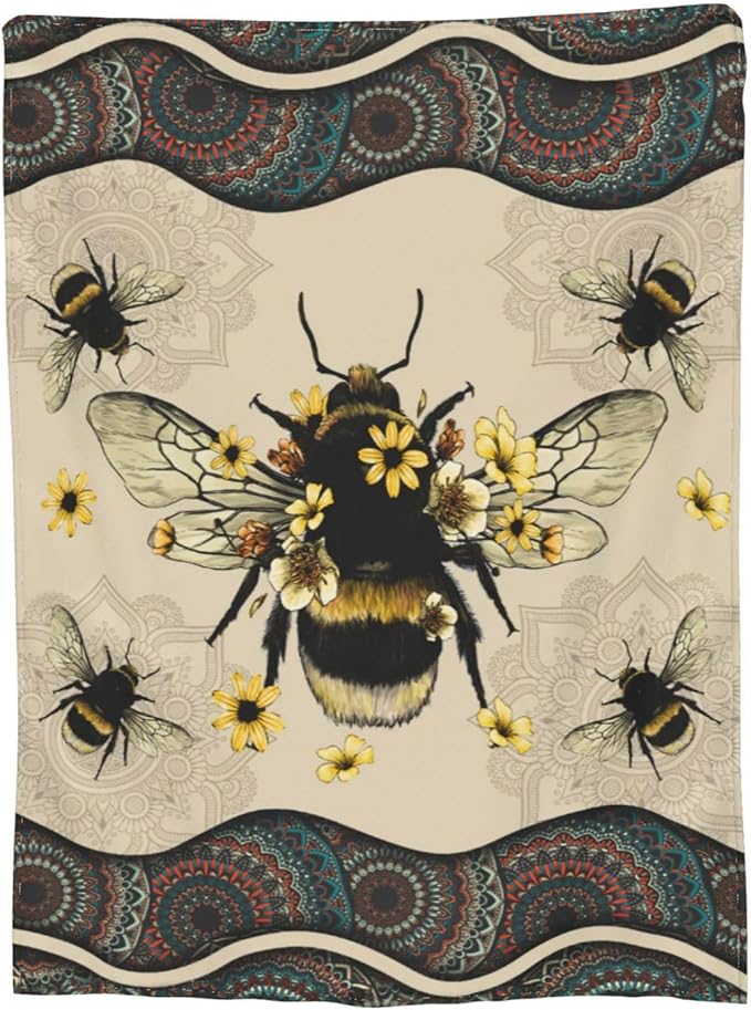 Bee Blanket Bees Sunflower Decor Throw Blanket Super Warm Soft Plush Lightweight Fleece Flannel Winter Bohemia Blanket Gifts for Girls Boys Baby Kids Women Couch Bedding 50"X60"