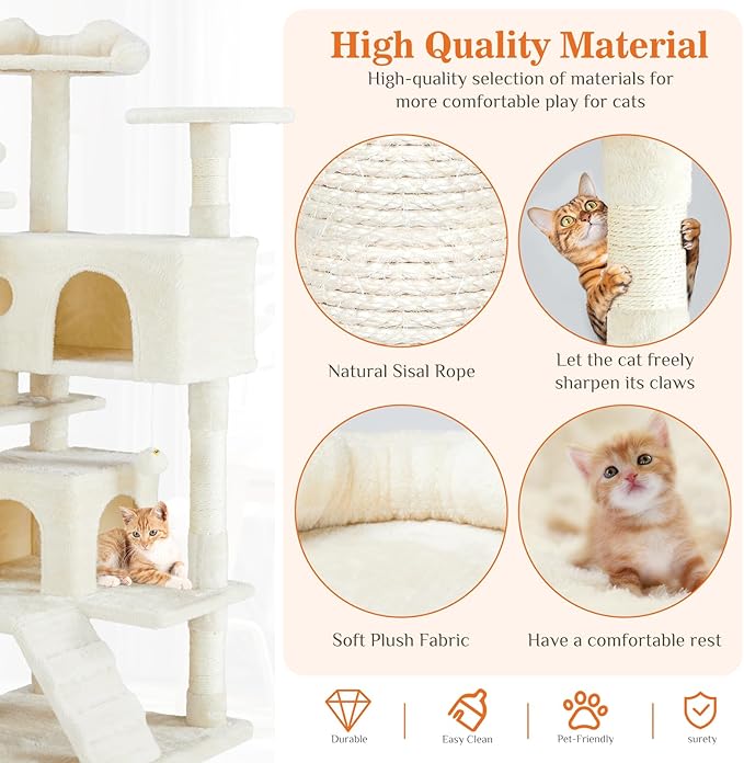 Sweetcrispy 54-Inch Cat Tree Tower – Multi-Level Cat Tower with Sisal Scratching Post, Perfect Cat Gift, Indoor Cat Tree with Condo, Climbing Ladder, Plush Toy, and More Cat Stuff,Beige