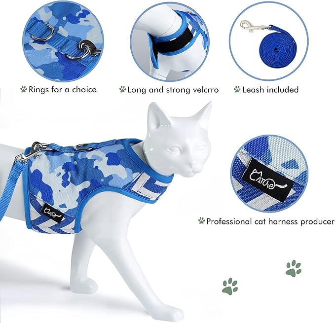 Cat Harness and Leash for Walking Escape Proof, Adjustable Cat Vest Harness, Padded Stylish Cat Walking Jackets, Blue Camo, Extra Large