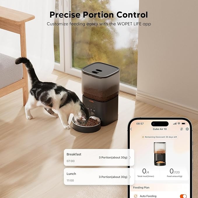 WOPET Automatic Cat Feeder, WiFi Automatic Dog Feeder with APP Control for Remote Feeding, Automatic Cat Food Dispenser with 10S Voice Record,1-10 Meals Per Day for Cats and Dogs