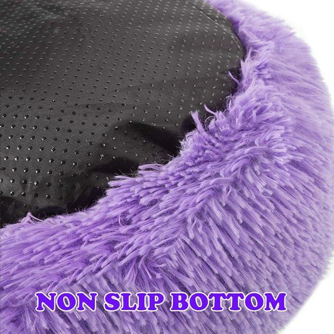 otoez Round Donut Dog Bed for Small Dogs, Washable Calming Dog Bed Cuddler Anti Anxiety Fluffy Dog Cat Bed with Non-Slip Waterproof Bottom (23.6", Purple)