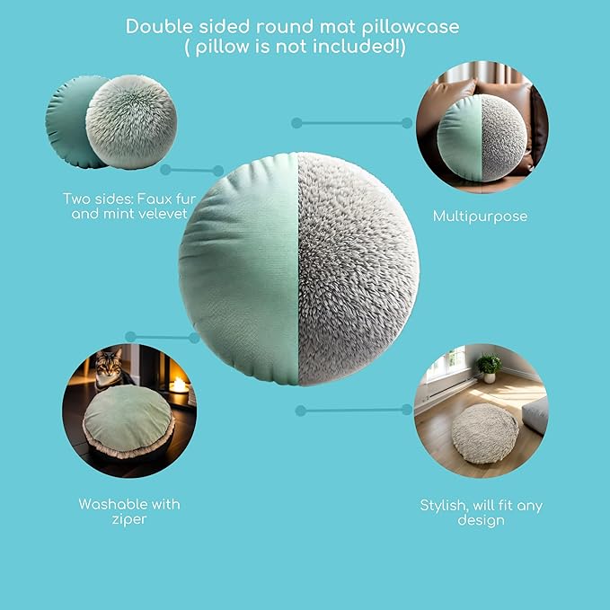 TRYSTYTAILZ Dog Bed Pillowcase | Fluffy Dog & Cat Bed, Luxurious Grey Faux Fur & Cool Mint Velvet for Dogs and Cats All-Season Comfort, Non-Slip Base, Machine Washable, Designed in The UK (XX Small)