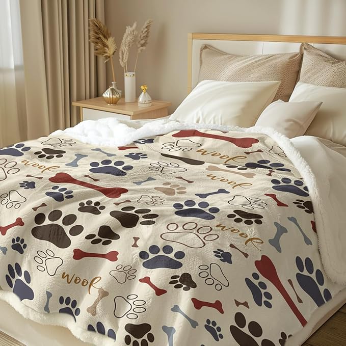 Sleepwish Dog Paws and Bones Print Fleece Throw Blanket for Kids Soft Plush Light Yellow Sherpa Blanket for Couch Chair Bed, Queen (90" X 90")