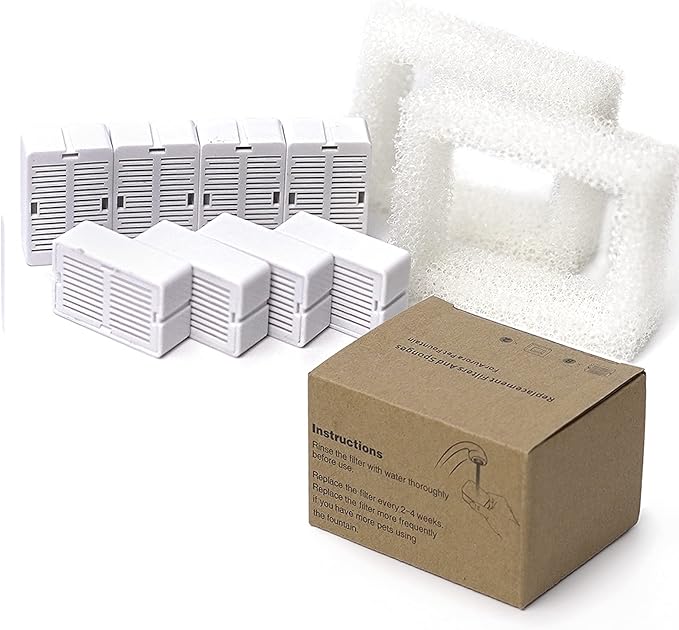 Cat Water Fountain Replacement Filters, 8 Pack Cat Fountain Carbon Filters and 2 Pack Foam Filters for Ceramic Pet Drinking Fountain and Stainless Steel Pet Water Fountain (8+2 Pack)