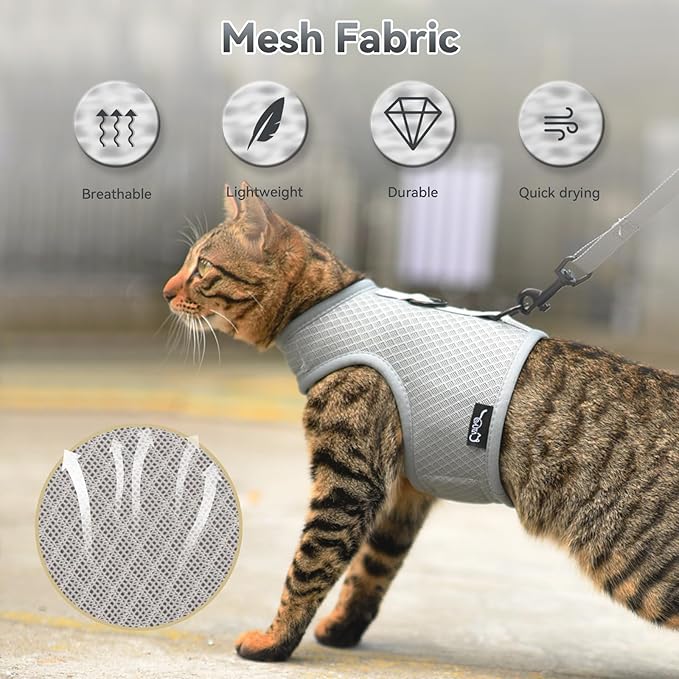 Kitty Harness and Leash for Walking Escape Proof Breathable Mesh Fabric, Solid Grey, X-Small, Adjustable Cat Walking Jackets, Padded Stylish Cat Vest