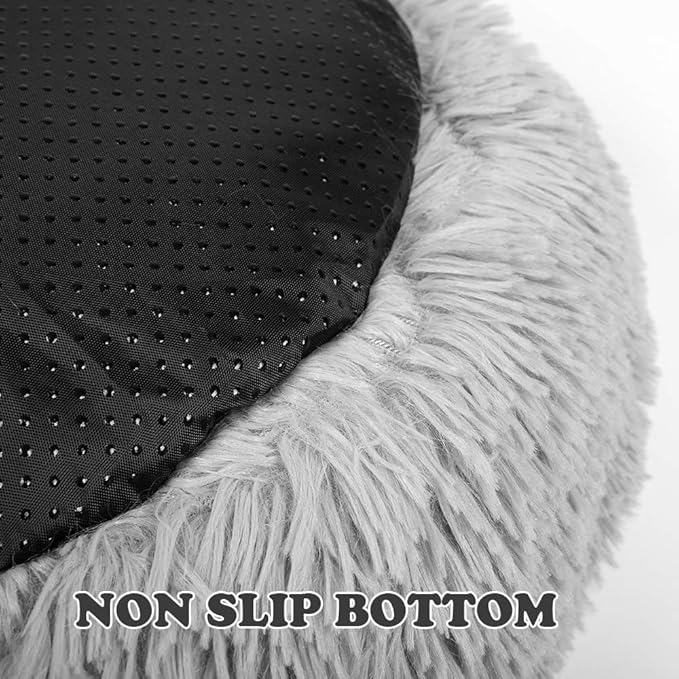 otoez Round Donut Dog Bed for Small Dogs, Washable Calming Dog Bed Cuddler Anti Anxiety Fluffy Dog Cat Bed with Non-Slip Waterproof Bottom (23.6", Light Grey)