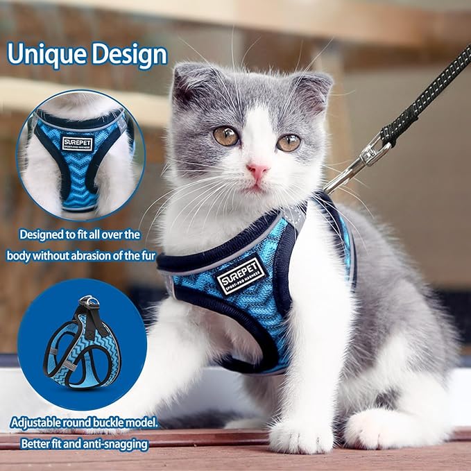 Cat Harness and Leash Set for Walking and Small Dog Soft Mesh Harness Adjustable Vest with Reflective Strap Comfort Fit for Pet Kitten Puppy Rabbit (Blue Stripe,XS)