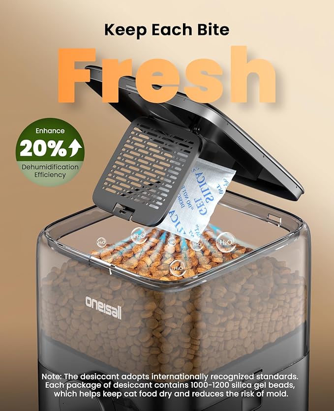 oneisall Automatic Cat Feeder, Timed Cat Feeder with Stable Structure, Dry Food Dispenser with Backup Power, Programmable, 1-6 Meals Per Day Pet Food Dispenser with Desiccant Bag