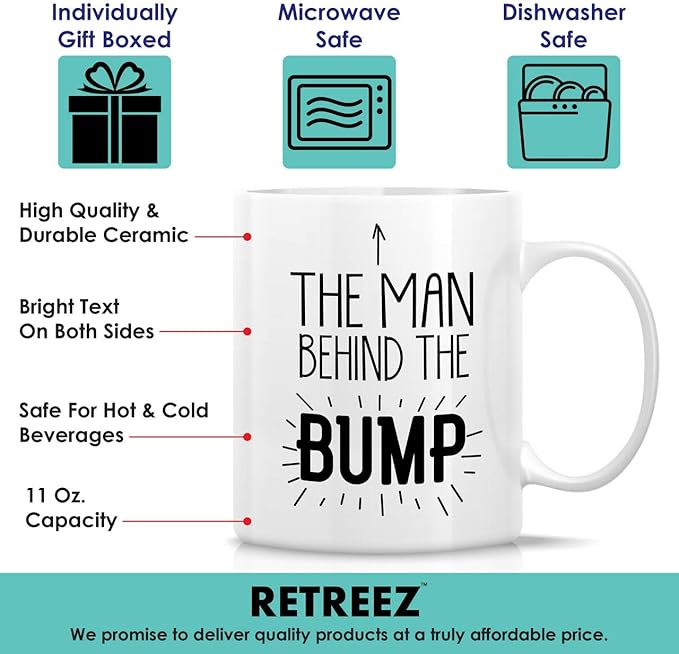 Retreez Funny Mug - The Man Behind The Bump 11 Oz Ceramic Coffee Mugs - Funny, Sarcastic Pregnancy Announcement Reveal birthday gifts for dad to be, new father, husband, boyfriend, friends, coworkers