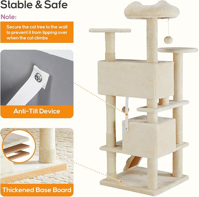 Cat Tree, 54-Inch Cat Tower for Indoor Cats with Sisal Scratching Post, Cat Play House, Large Kitty Condo, Plush Multi-Level with Climbing Ladder