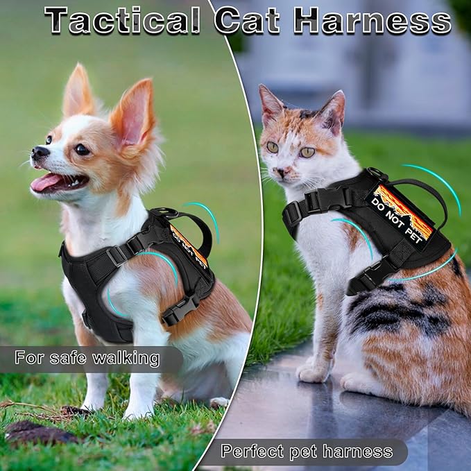Tactical Cat Harness for Walking, Adjustable Escape Proof Pet Vest for Large Cat,Easy Control Breathable Cat Vest with Handle,Molle Patches (Black, L)