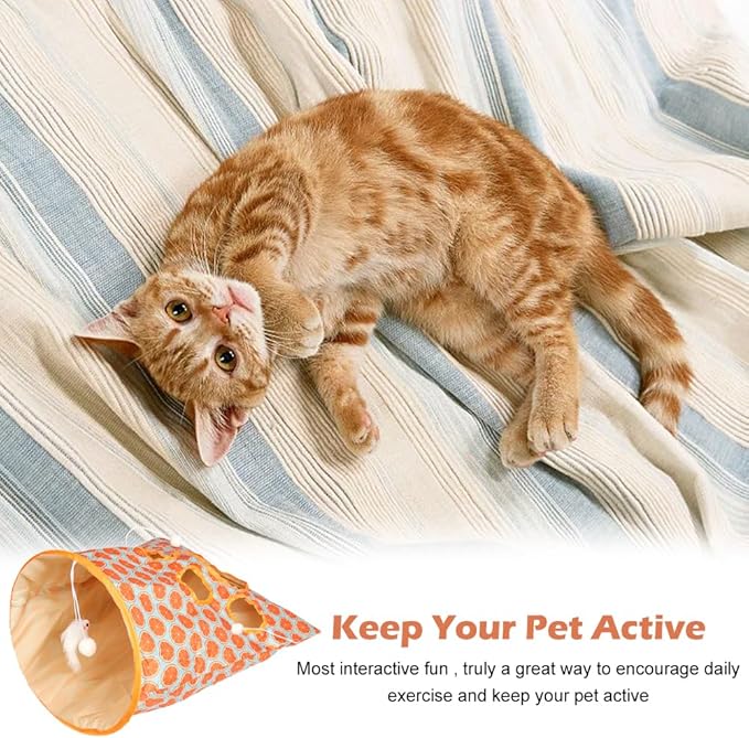 SYCOOVEN Cat Tunnel Bag for Indoor Cats, Pet Collapsible Tunnel Crinkle Sack Bag with 1 Little Mouse & Toy Ball, Crinkle Paper Interactive Cat Toys Hide and Seek(Orange Pattern)