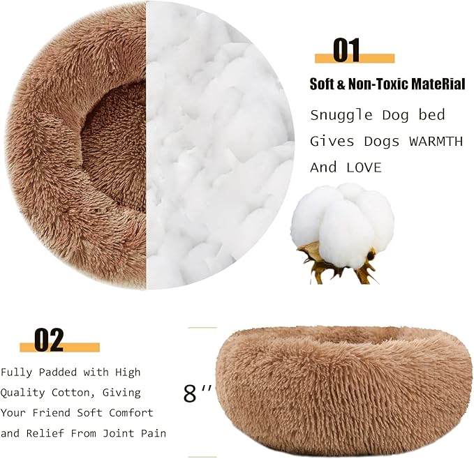 Dog Bed Calming Dog Beds for Small Medium Large Dogs - Round Donut Washable Dog Bed, Anti-Slip Faux Fur Fluffy Donut Cuddler Anxiety Cat Bed(28'' Khaki