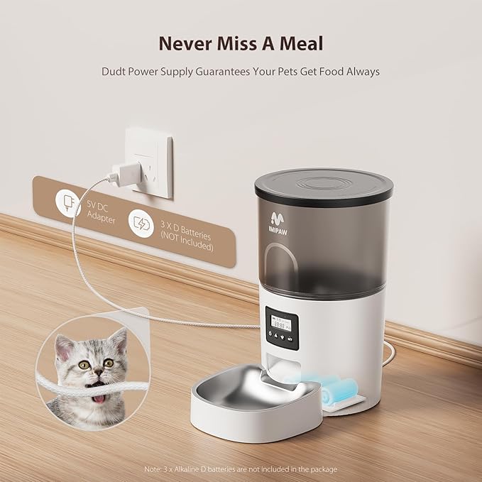 Automatic Cat Feeders, 3L Timed Cat Dry Food Dispenser, Dual Power Supply, Programmable Portion Size, 1-6 Meals Per Day, Auto Pet Feeder for Cats and Small Dogs