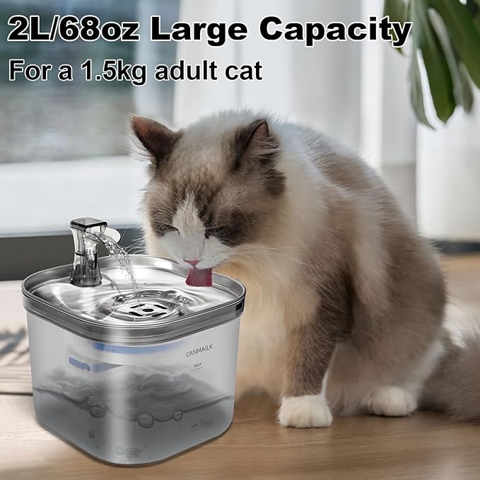 Cat Water Fountain,67oz/2L Cat Water Fountain Stainless Steel, Automatic Super Silent Pet Water Fountain with Filter, Suitable for All Cats and Small Pets(Gray)