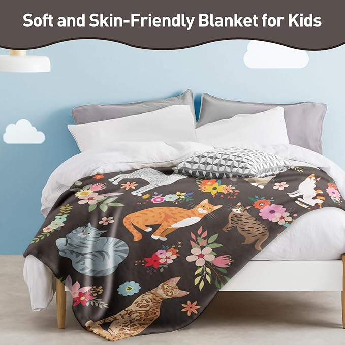 Cats Blanket Cat Present Soft Flannel Lightweight Cats and Flowers Throw Blanket for Kids Girls Boys All Season Cartoon Animals Blankets for Sofa Couch Bed Decorative Cat Blue Blanket 50x60inch