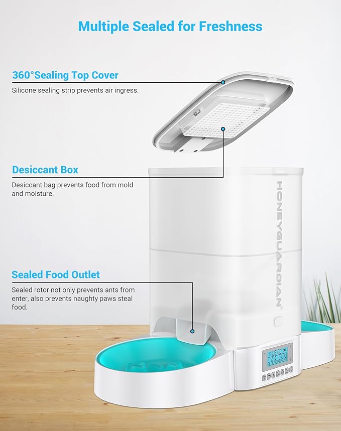 HoneyGuaridan Automatic Cat Feeder for Two Cats,3.5L Cat Food Dispenser with Slow Bowl,Timed Feeder Programmable 1-6 Meals Control, Dual Power Supply,Desiccant Bag,10s Meal Call White