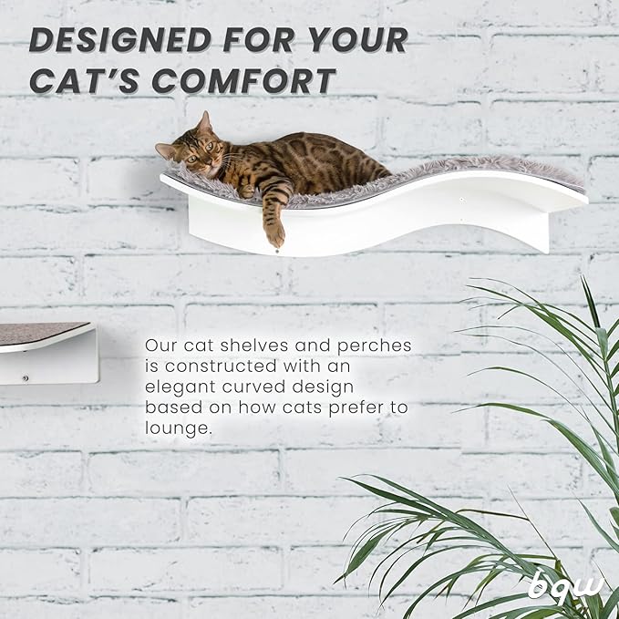 Cat Shelf Wall Mounted Floating Cat Shelf Bed Furniture Climbing Wall for Cat Perching Sleeping Lounging with 2 Steps (Waved)