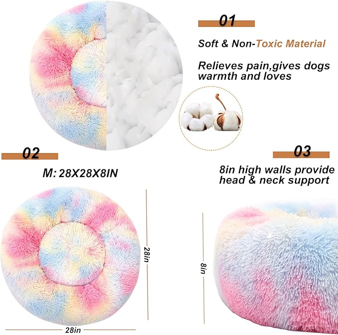 Dog Bed Calming Dog Beds for Small Medium Large Dogs - Round Donut Washable Puppy Dog Bed, Anti-Slip Faux Fur Fluffy Donut Cuddle Anxiety Cat Pet Bed(28'' Color)